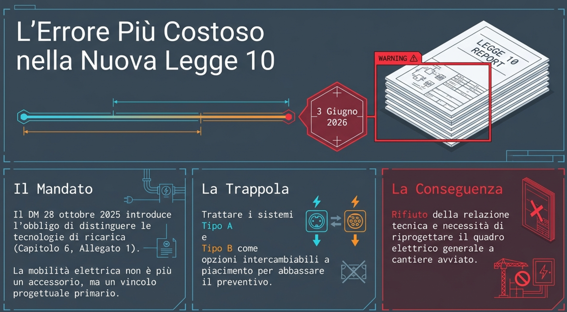 Infografica sull'errore più costoso nella relazione Legge 10 per le colonnine di ricarica