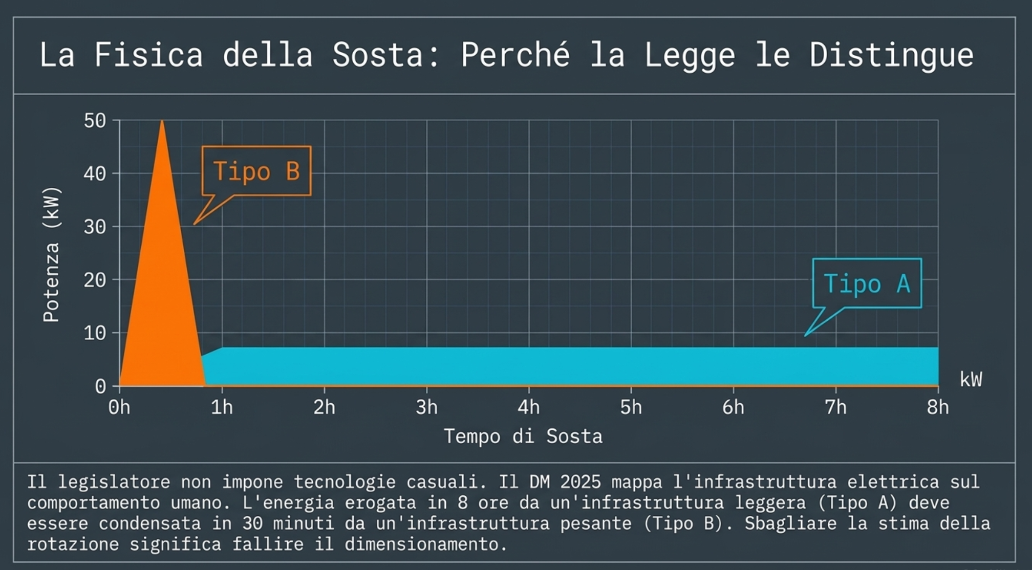 Grafico che mette a confronto potenza e tempo di sosta tra Tipo A e Tipo B