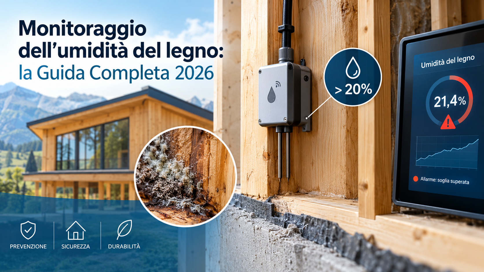 Monitoraggio dell'umidità del legno: sensore su parete in legno e dashboard con soglia superata