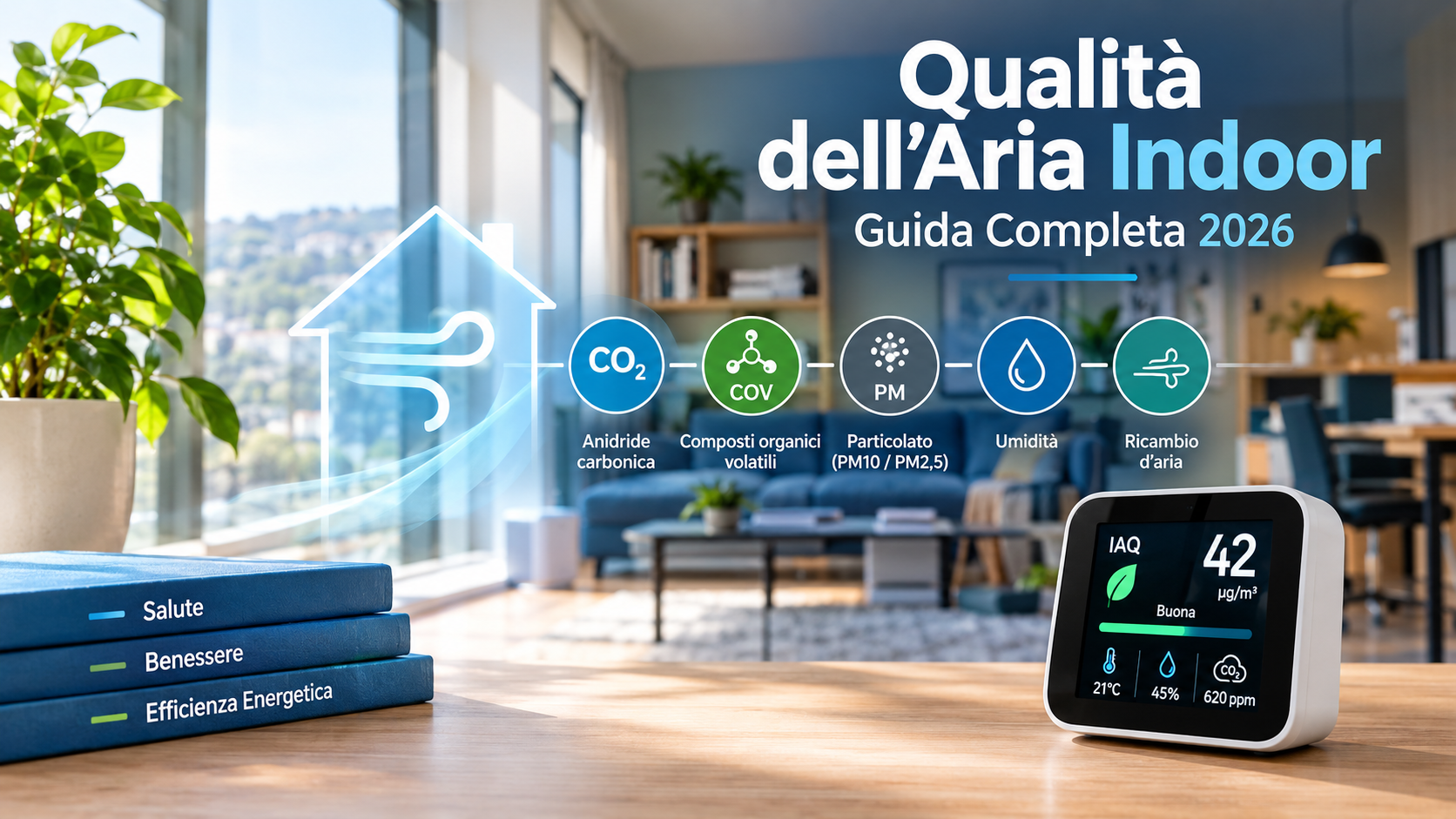 Qualità dell'aria indoor: copertina guida 2026 con indicatori CO2, COV, PM, umidità e ricambio d'aria